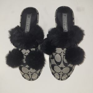 Coach Women's Slippers with Black Pom-Poms